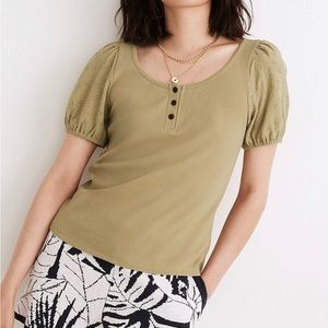 NWT Madewell Eyelet-Sleeve Henley Top, Medium, ash green